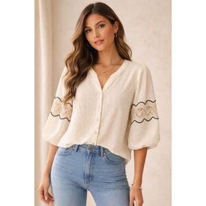 Womens Boho Swiss Ivory Dot Lace Blouse Peplum Balloon Sleeve Cottagecore Top S